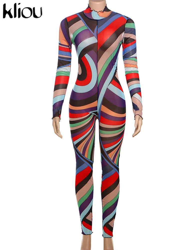 kliou Mesh Colorful Plaid Women Jumpsuits Fashion Panelled Full Sleeve Stand Collar Slim Overalls Female Stunnig Club One Piece