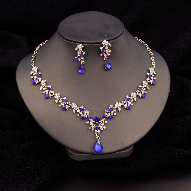 Gorgeous Crystal Fashion Jewelry Sets for Women Luxury Choker Necklace Earrings Prom Wedding Dress Bridal Necklace Sets Blue