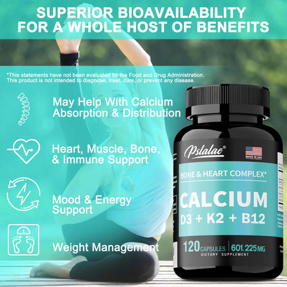 4-in-1 Calcium Supplement with Vitamin D3 K2 B12 - Supports Bones, Teeth, Heart and Immune System Function