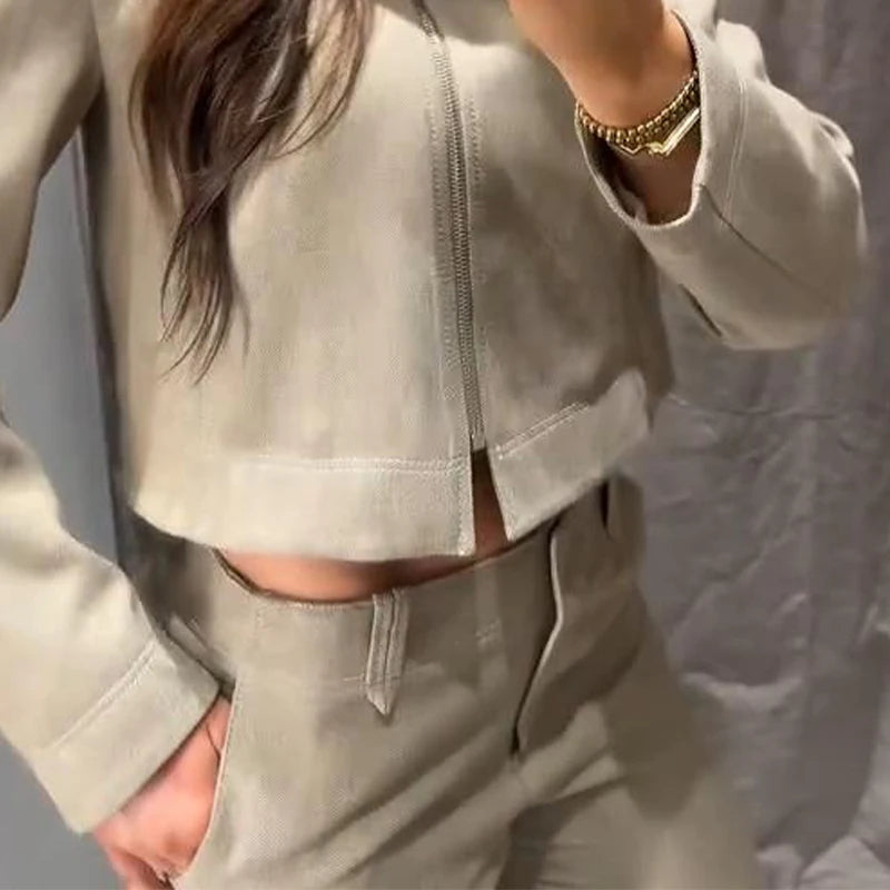 Fashion Short Jackets Pants Sets Women Lapel Zipper Long Sleeve Coats Pleated Straight Pant 2025 Spring Summer Lady Office Suits