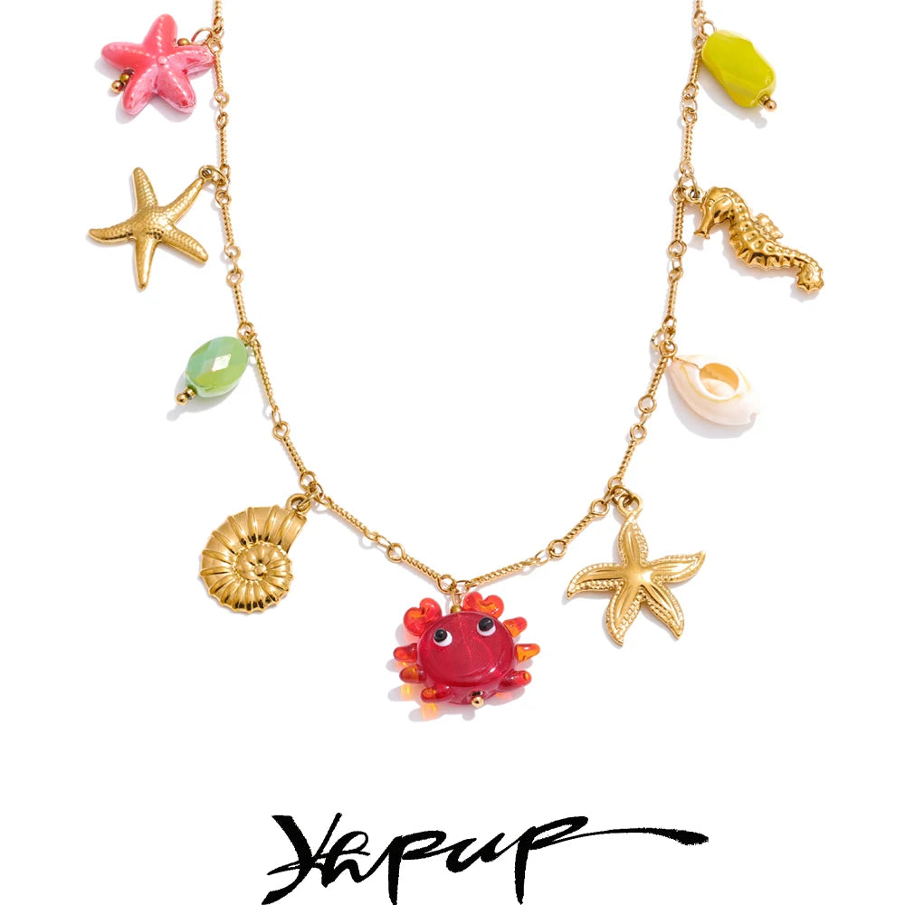 Yhpup Ocean Style Summer Fashion Jewelry Crab Starfish Shell Pendant Necklace Stainless Steel Golden Charm Pendant Accessories