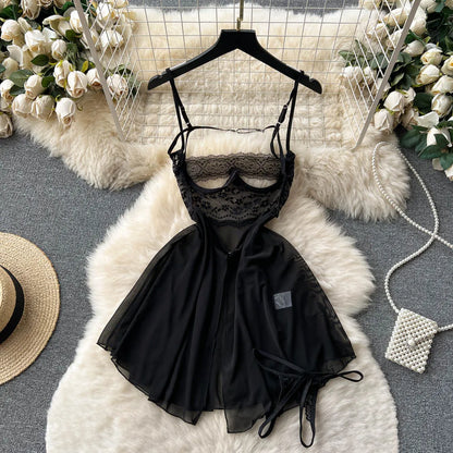 SINGREINY Transparent Lace Sexy Nightwear Sleeveless Slim Backless Short Dress Women Strap Floral Mesh Sheer Erotic Nightdress