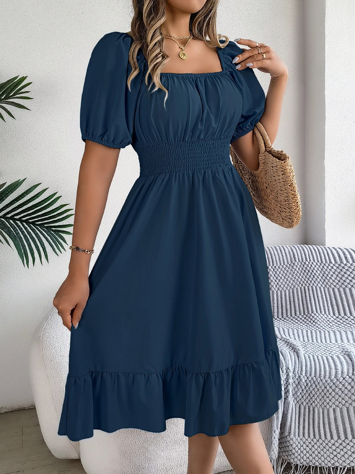 Spring and Summer Elegant High Waisted Dress Square Neck Short Sleeved Ruffled Edge Long Dresses for Women Badiee Stylez