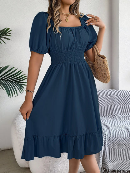 Spring and Summer Elegant High Waisted Dress Square Neck Short Sleeved Ruffled Edge Long Dresses for Women Badiee Stylez
