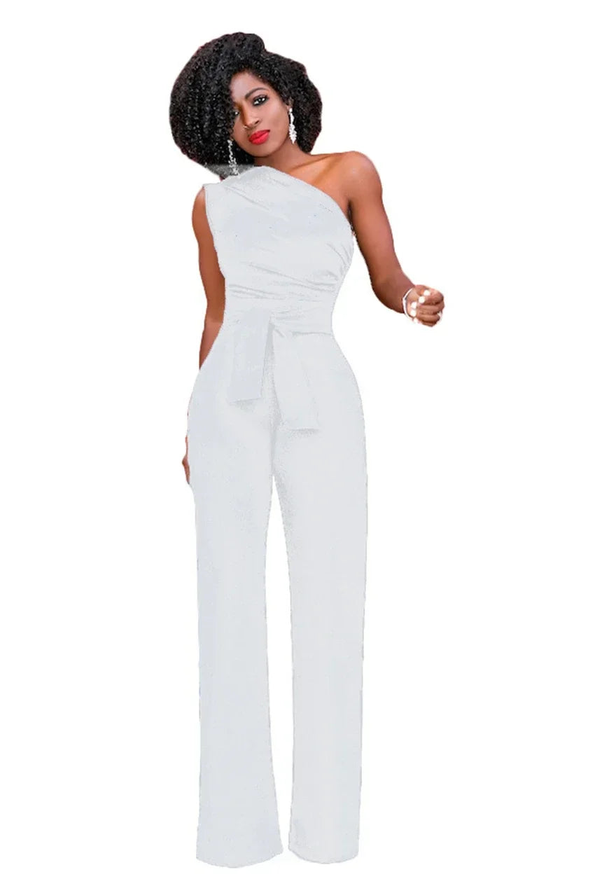 Women's Jumpsuit Solid Skew Collar Crop Top Straight Pants Belt Sexy Sleeveless Loose Pants Elegant Charming Playsuits 2024 Badiee Stylez