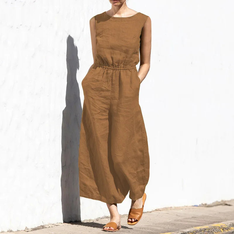 Elegant Solid Cotton Linen Women Jumpsuit Fashion Button O Neck Sleeveless Pocket Jumpsuits Ladies Elastic Waist Office Clothing Light Brown