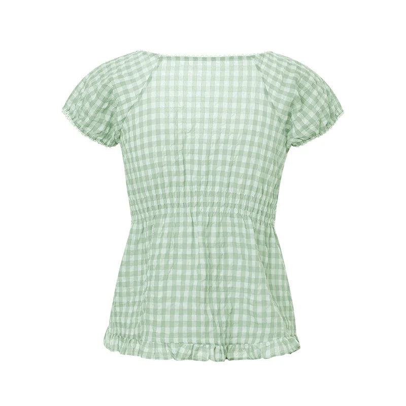 Womens Y2k Fairy Grunge Shirts Square Neck Short Sleeve Lace Patchwork Crop Top Vintage Aesthetic Clothes