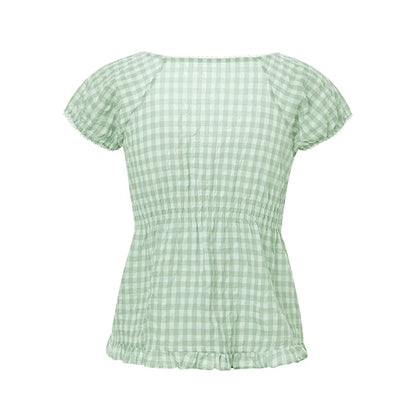 Womens Y2k Fairy Grunge Shirts Square Neck Short Sleeve Lace Patchwork Crop Top Vintage Aesthetic Clothes