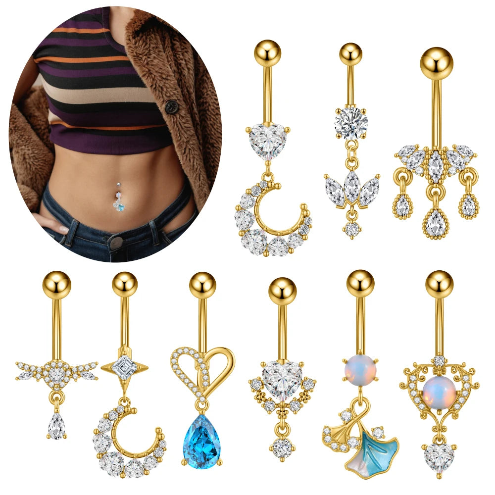 Zircon Crystal Belly Button Ring Dangle Wing Piercing Nombril Ombligo Surgical Steel Barbell Heart Round Navel Stud Body Jewelry