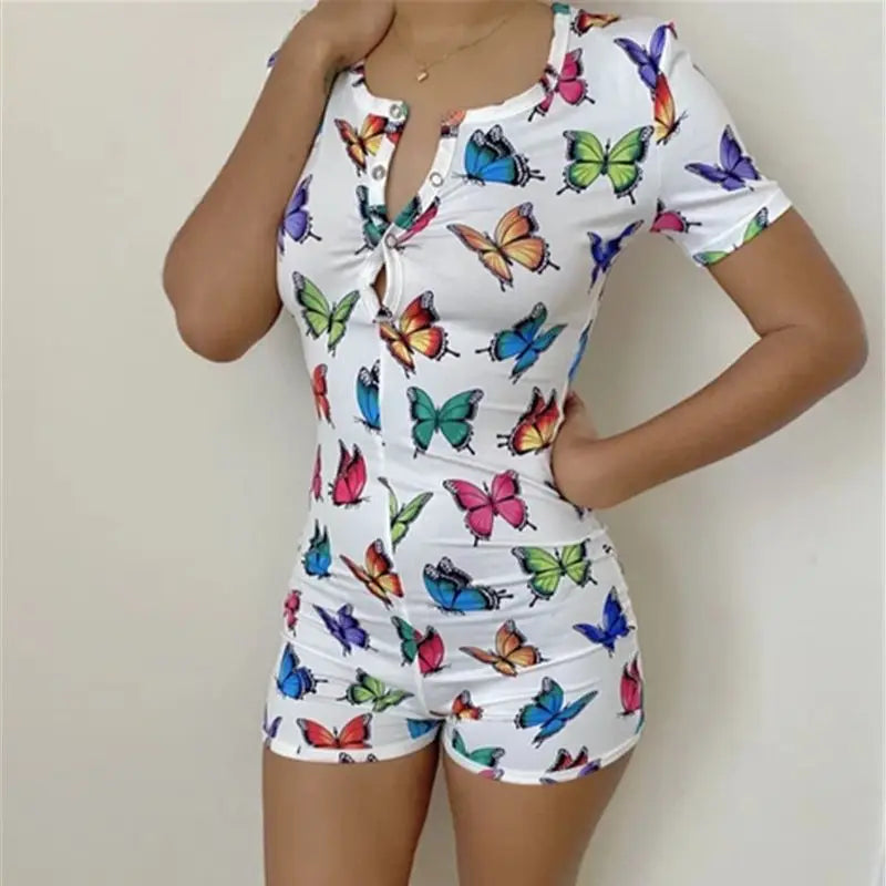 Sexy Playsuits Women Sleepwear Buttons V-neck Bodycon Short Romper Jumpsuit Leotard Printed Short Sleeve Summer Bodysuits Female H