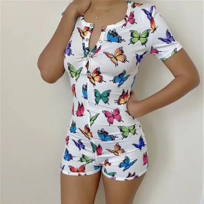 Sexy Playsuits Women Sleepwear Buttons V-neck Bodycon Short Romper Jumpsuit Leotard Printed Short Sleeve Summer Bodysuits Female H