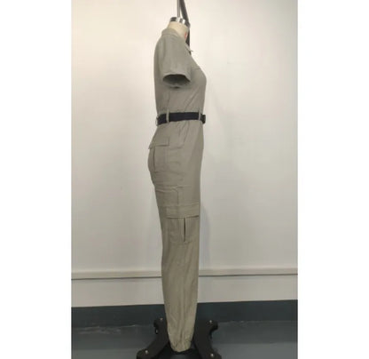 Sexy Women's Jumpsuit 2024 Summer New Fashion Zipper Workwear Short Sleeved Lapel Multi Pocket Waistband Bodysuit Pants Female