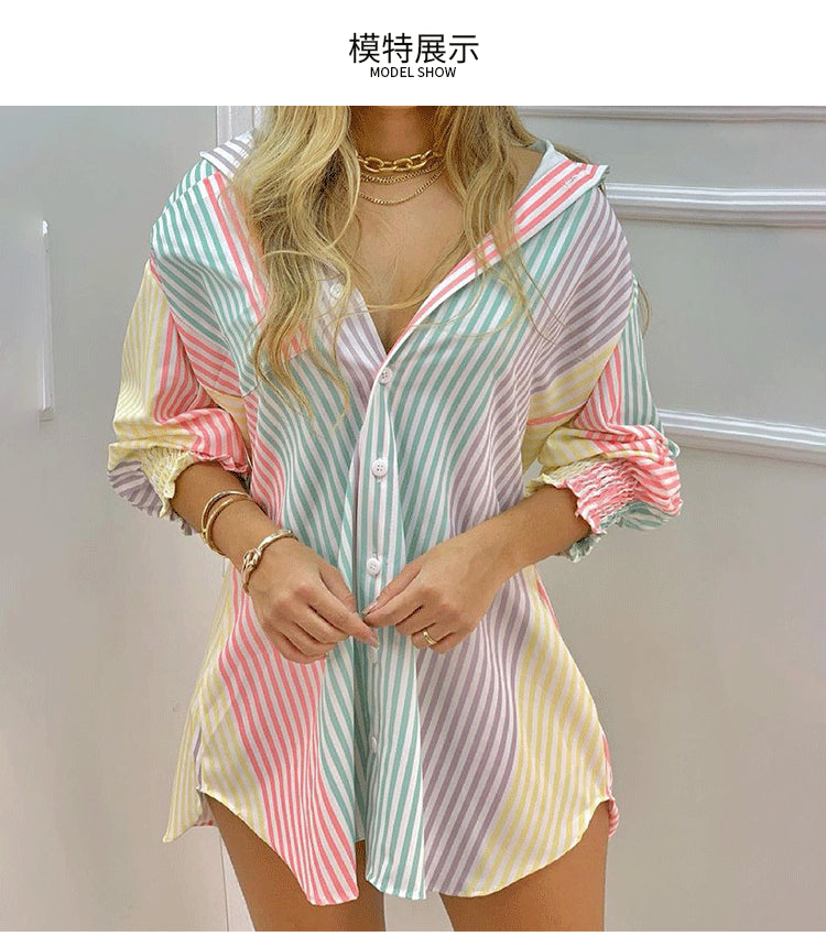 New Women's Spring Summer Printed Long Sleeve Lapel Casual Shirt Dress Ladies Single-breasted Cardigan Irregular Mini Dress 2022