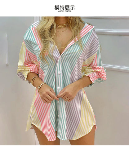 New Women's Spring Summer Printed Long Sleeve Lapel Casual Shirt Dress Ladies Single-breasted Cardigan Irregular Mini Dress 2022