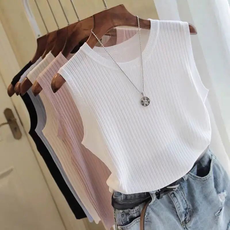Summer Women Knitted Loose Sweater Vests Sexy O-Neck Sleeveless Knitwear Tank Tops YRFZ-N6634