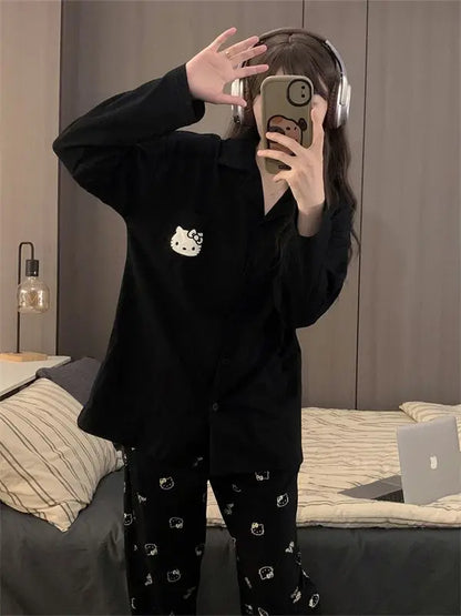 Kawaii Sanrios Hello Kittys Women's Pajamas Set Spring Autumn Anime Cartoon Students Polyester Long Sleeved Girls Nightwear Gift