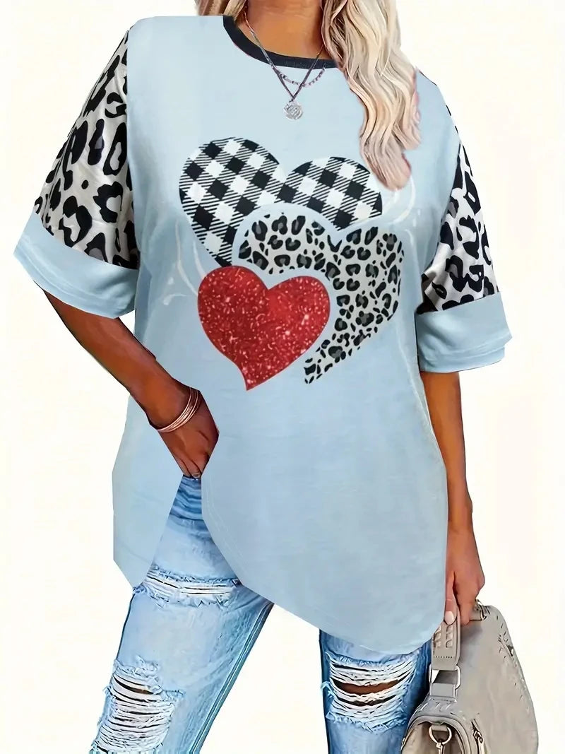Plus Size Plaid Heart Print T-Shirt Casual Short Sleeve Top For Spring & Summer Women's Plus Size Clothing