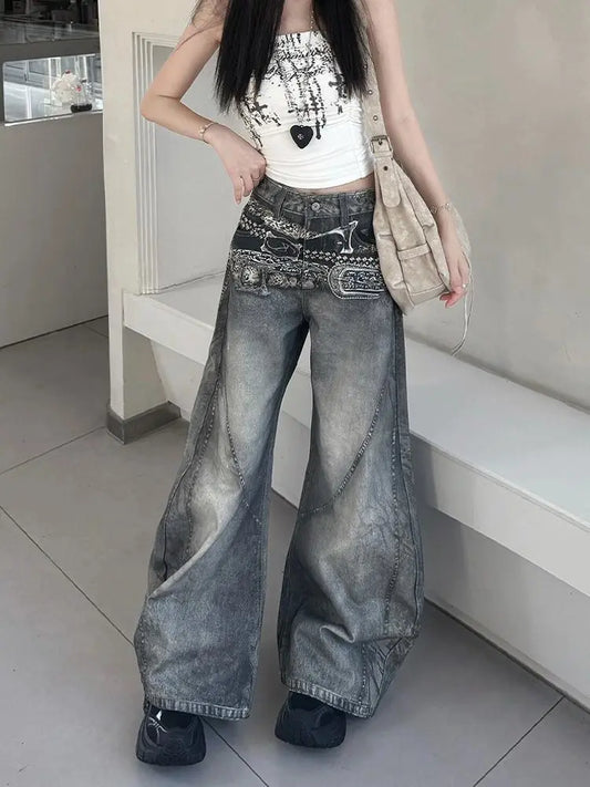 Women's Cargo Baggy Casual Jeans Y2K American High Street Harajuku 2000S Streetwear Aesthetics Vintage Jeans Pants Clothing 2025 Picture Color