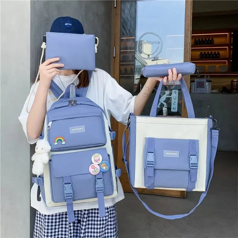 Four Piece Set of Student Backpack for Women in Korean Version Casual Canvas High School Campus with Large Capacity D