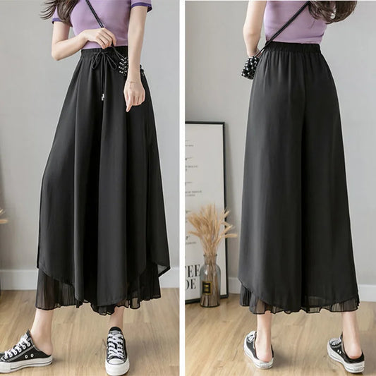 Women Pants Culottes Elastic Wide Leg Irregular Hem Double Layers Korean Trousers Summer Casual Loose Pleated Pants