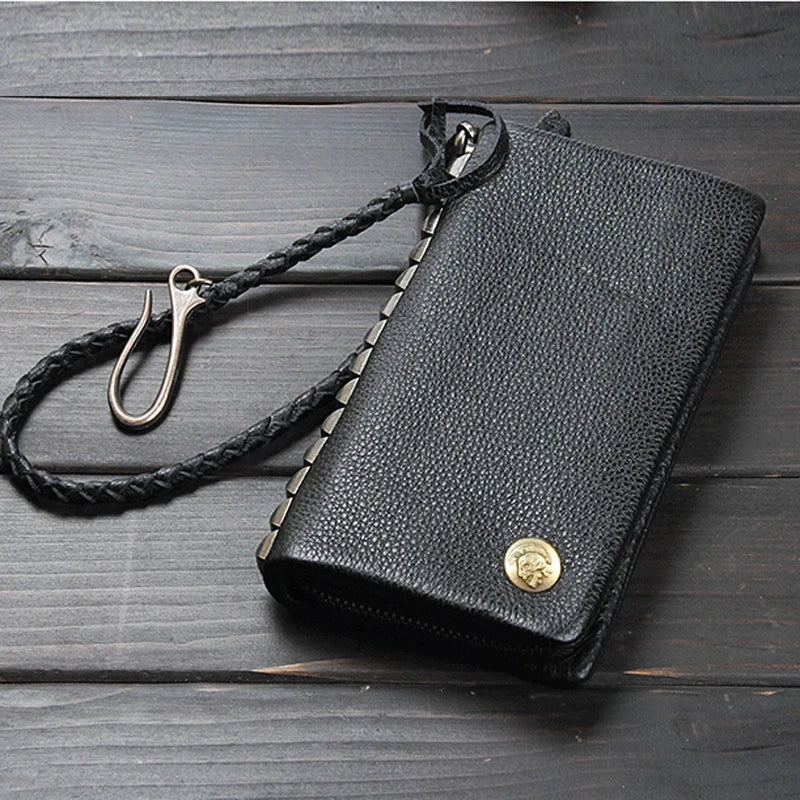Vintage Genuine leather wallet Men leather long wallet men purse clutch bag male money clips zip around money bag card holder Style 3 Black