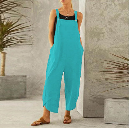 Women Loose Wide Leg Overalls Summer Adjustable Solid Color Cotton Linen Baggy Full Trousers Female Jumpsuits Oversized Lake Blue