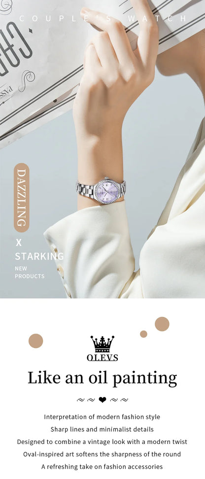 OLEVS 5628 Women Watch Luxury Elegant Quartz Watch Stainless Steel Waterproof Luminous Diamond Bezel Ladies Watch Bracelet Set