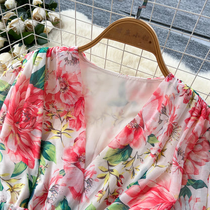 Chic vintage long sleeve lantern sleeve V-neck print pleated Elegant Fairy korean dress women clothing Long dress