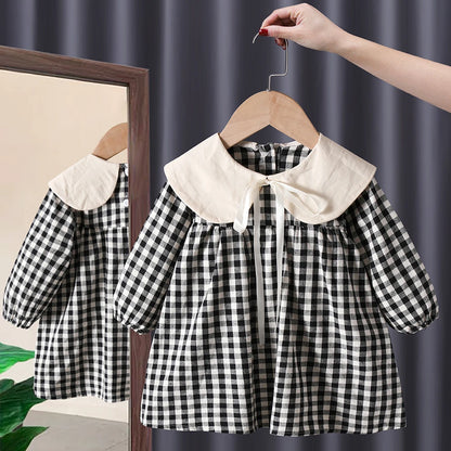 Spring Autumn toddler kids Girls' Clothes baby lattice Long sleeved Dresses costume for children Girls clothing Outfits dress black CHINA