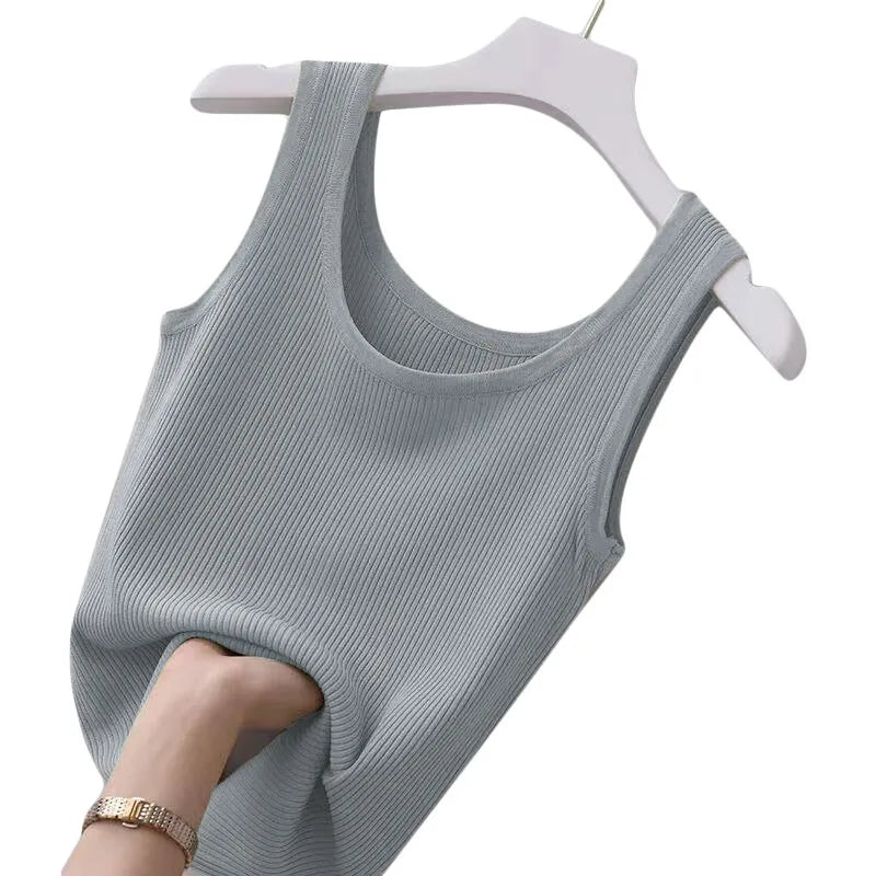 Summer Camisole Women's Plus Size Slim Fit Outer Wear with Round Neck Solid Soft Comfortable Bottoming Shirt Sleeveless Thin Grey