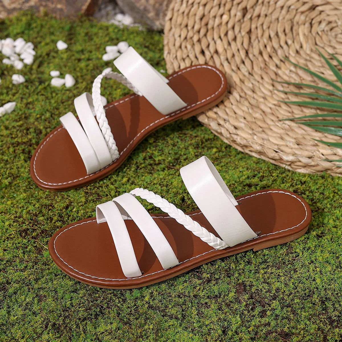 Women Sandals Summer Solid Colour Simple Ankle Strap Round Breathable Flat Bottom Roman Shoes Comfortable Women Beach Sandals