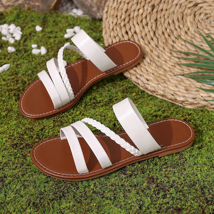 Women Sandals Summer Solid Colour Simple Ankle Strap Round Breathable Flat Bottom Roman Shoes Comfortable Women Beach Sandals