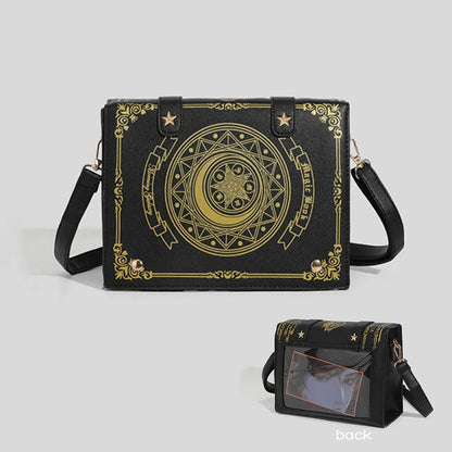 Kawaii Star Moon Badge Display Shoulder Bag Magic Book Design Transparent Window Women Messenger Bag PU Girls Ita-bag Lolita Black