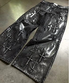 Gothic American Retro Cross Embroidered Wash Loose Black Denim Trousers Y2k New Popular Harajuku Hip-hop Rock Couple Streetwear