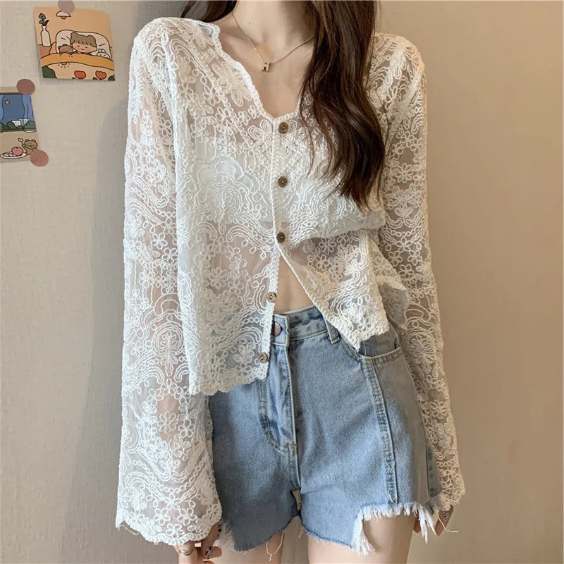 Vintage Summer Lace Blouses Women See Through Sheer Long Sleeve Sun Shirts Korean Style Casual Sun Protection Sexy Ladies Tops