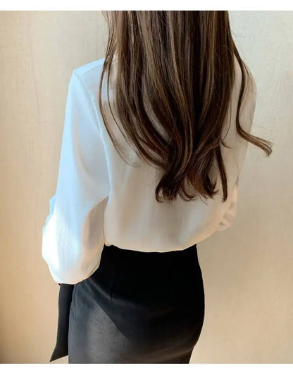 Satin Beading Halter V-Neck Woman Blouses 2022 Spring New Elegant Fashion Office Lady Long Sleeve Loose Commuter Shirts Female