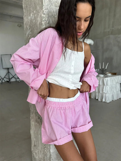 Muzuleva 100% Cotton Pink Patchwork Checkered Pajama Set Spring New Long Sleeved Shorts Pajamas Women's Casual Home Clothes
