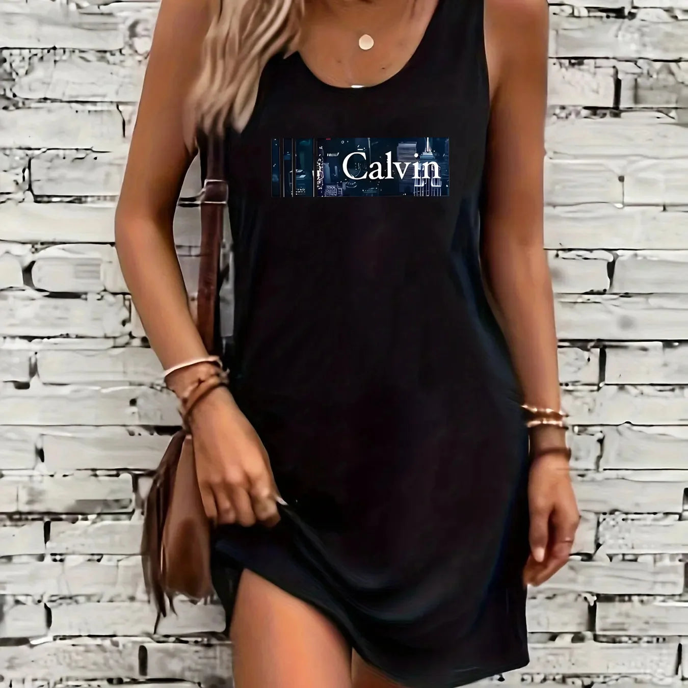Women's summer loose casual fashion Calvin letter pattern printed vacation punk style mine black sleeveless vest dress BXQ76-Calvin