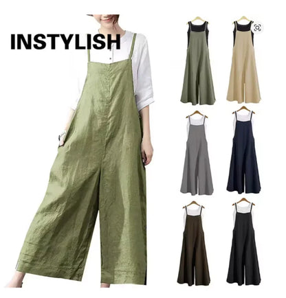 Women Straps Jumpsuit Summer Solid Color Wide Leg Pants Dungaree Bib Overalls Casual Loose Sleeveless Cotton Linen Jumpsuits 5Xl Badiee Stylez