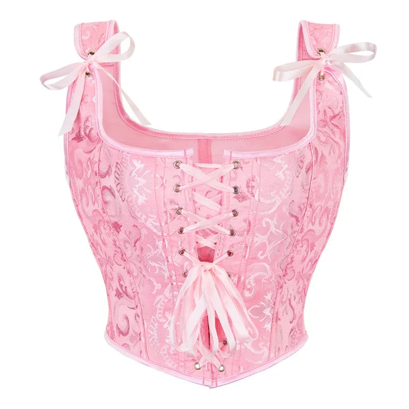 Blue Jacquard Corset Sexy Shoulder Straps Overbust Bustiers Crop Top Lace Up Brocade Vest Lingerie Gothic For Women Outfit Pink