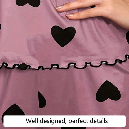 Womens Sexy Heart Print Pajama Set Cami Top Lettuce Trim Shorts Two Piece Sleepwear Loungewear Spaghetti Strap Contrast Trim