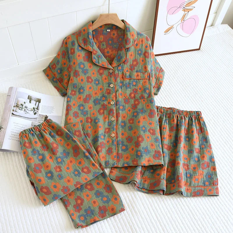 2025 New Spring/Summer Pajamas Three Piece Set Thin 100%Cotton Crepe Ladies Short Sleeves+Shorts+Pants Flip Collar Home Suit Set blue flower