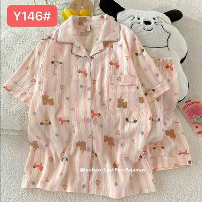 Cute Pink Cloud Cotton Spwear Bear Print Home Clothes Long Sve ort Sve Women's Comfortable Home Suit Summer Thin