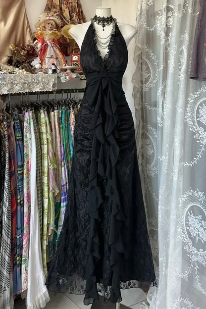 Summer Gothic Grunge Y2k Lace Dress Women Dark Academia Sexy Slim Party Dresses Korean Fashion Design Festival Long Prom Dress D7