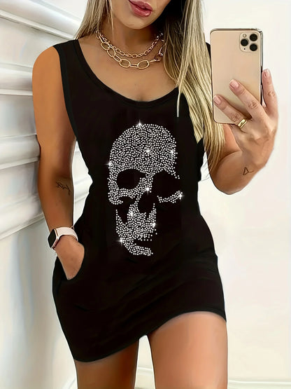 Women's Summer Sleeveless Tank Top Dress Sexy Women's summer loose sleeveless short mini dress with black print