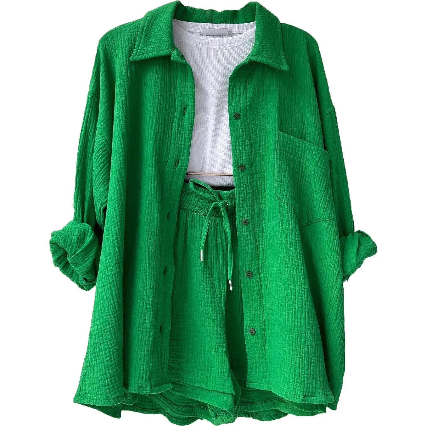 Short Sets Women Tracksuit Single Breasted Cardigan Blouses Two Pieces Shorts Loose Button High Street Solid Pockets Folds green