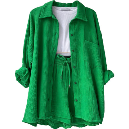 Short Sets Women Tracksuit Single Breasted Cardigan Blouses Two Pieces Shorts Loose Button High Street Solid Pockets Folds green