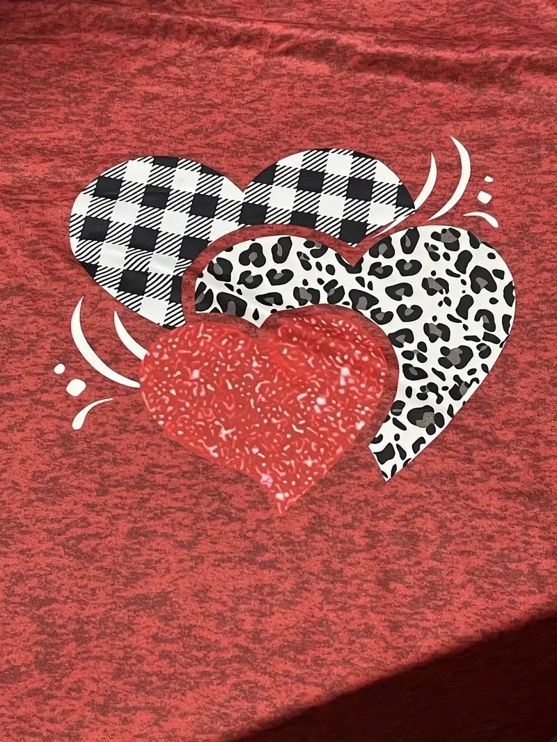 Plus Size Plaid Heart Print T-Shirt Casual Short Sleeve Top For Spring & Summer Women's Plus Size Clothing