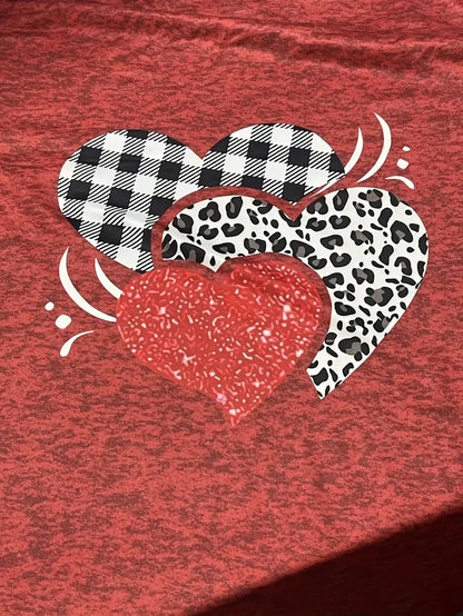 Plus Size Plaid Heart Print T-Shirt Casual Short Sleeve Top For Spring & Summer Women's Plus Size Clothing