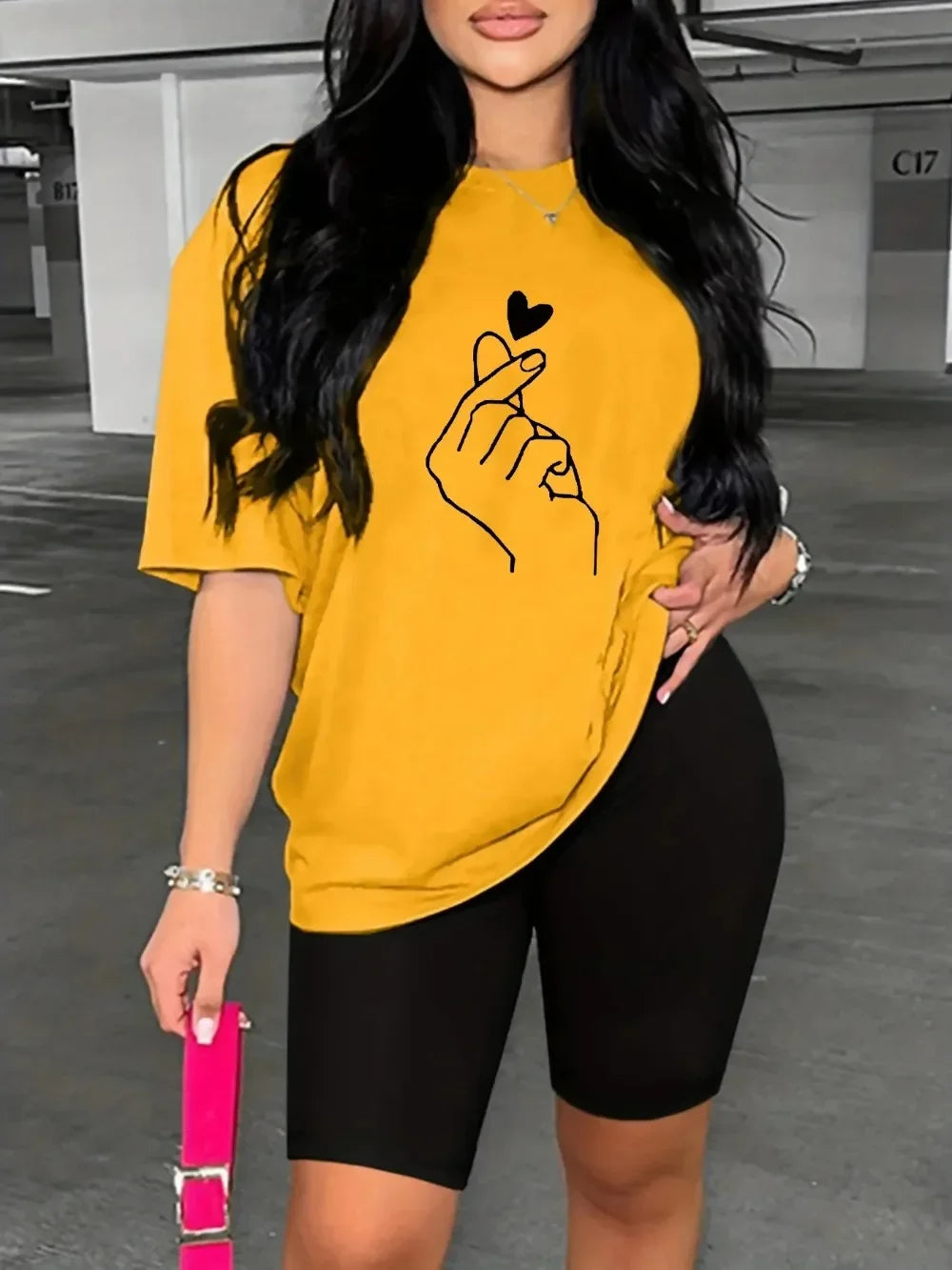 Summer women's hand heart gesture print casual loose round neck short sleeved T-shirt shorts two-piece set Badiee Stylez
